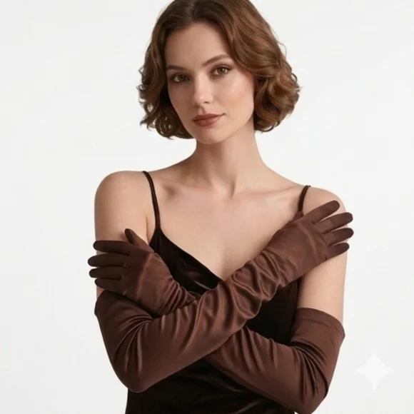 Beloved Millinery Luxurious Brown Satin Opera Elbow Evening Gloves